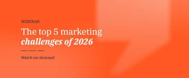 Orange background with text overlay: Webinar, the top 5 marketing challenges of 2026, watch on-demand