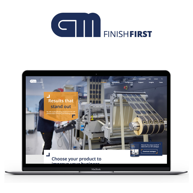 GM logo with the tagline "Finish First" above a laptop showing GM's website, headlined "Results that stand out"