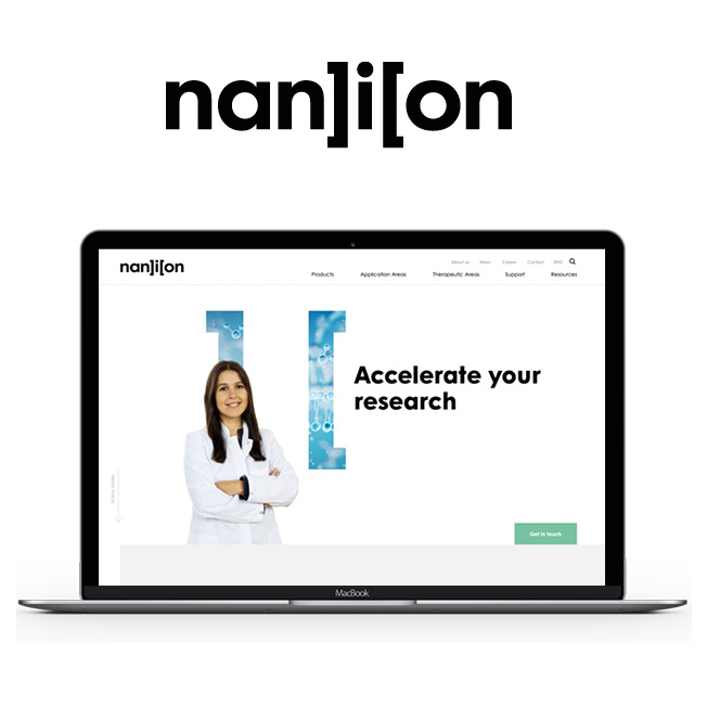 Nanion logo above a laptop showing Nanion's website, with a scientist in a lab coat and the headline "Accelerate your research"