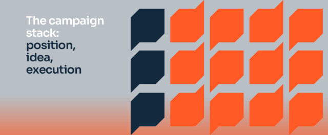 Gradient mouse grey and orange background with orange and blue speech bubbles and the text: The campaign stack: position, idea, execution